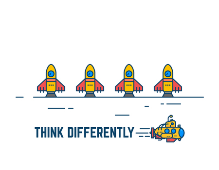 Think different banner. Yellow submarine swimming underwater. Rockets waiting to launch. Unusual solution for standard problems. New idea or concept.のイラスト素材