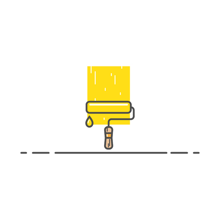 A roller with yellow paint and drop in line style. A trace of smeared paint on the wall and. Tool for construction or repair work. Art craft object.のイラスト素材