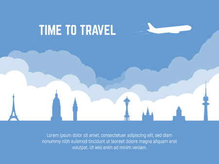 Travel banner. Plane flying over famous cities sights. Time to travel text. Flat style silhouette tourism banner. Tourism landmarks. Air journey to other countries.のイラスト素材