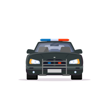 Front view of black police car with lights. Flat style vector illustration. Vehicle and transport banner. Modern patrol american car.のイラスト素材