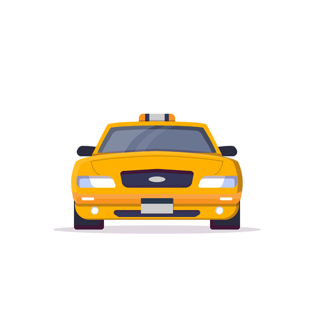 Front view of yellow taxi car with sign. Flat style vector illustration. Vehicle and transport banner. Classic american taxi car from New York. Transportation banner.のイラスト素材