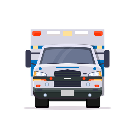 Front view of ambulance car with lights. Flat style vector illustration. Vehicle and transport banner. Modern ambulance american car. First aid van with paramedics. Emergency vehicle.のイラスト素材