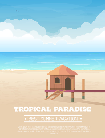 Summer vacation vertical banner. Bungalow tropical sand beach, sea or ocean with waves and big clouds on horizon. Small wooden house. Seaside view. Vector illustration. Hotel hut on exotic beach.のイラスト素材