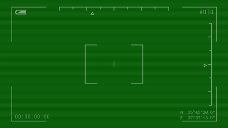 Night camera military viewfinder overlay. Night green camera template. Camera frame vector template with gps coordinates and lines. White lines and text with information timing on green background.のイラスト素材