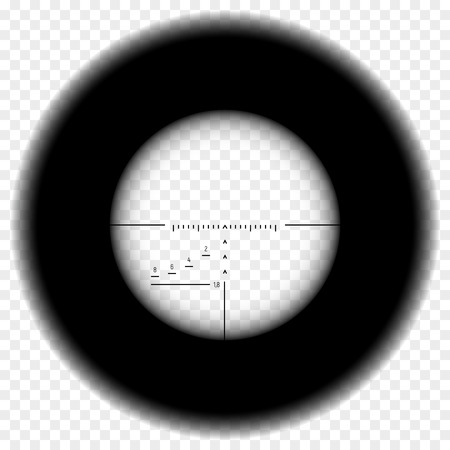 Realistic sniper scope sight. Sniper scope with measurement marks on transparent background. Black overlay in sniper scope crosshairs view. Realistic military optical sight.のイラスト素材
