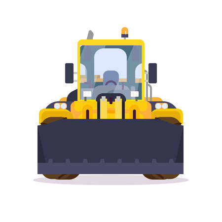 Front view of yellow bulldozer or wheel loader. Flat style vector illustration. Construction vehicle and quarry machinery banner. Modern excavator machine. Loader with front bucket, engine vehicle.のイラスト素材