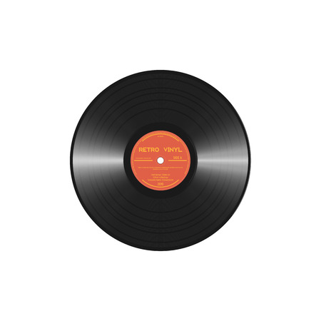 Retro style vinyl disc with label and tracks. Black polyvinyl chloride disc. Realistic vector vinyl record 60-80s design.のイラスト素材