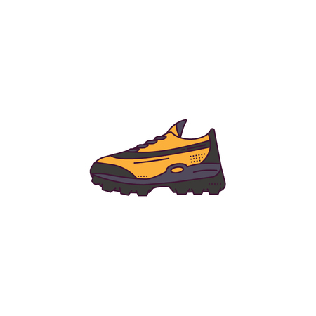 Fictional modern sneakers model side view. Linear style vector illustration. Shoes banner. Sneaker sport style illustration. Lines and dots. Yellow and black colors.のイラスト素材