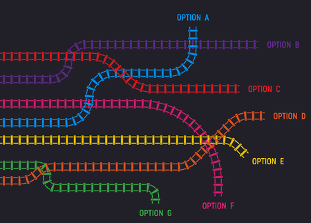 Train rail tracks, railroad infographic template. Railway tracks in directions. Colorful tracks going in different directions with option. Rail map or logistic options.のイラスト素材