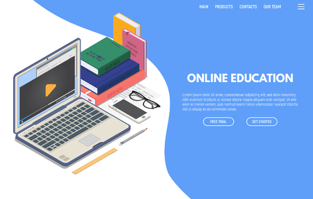 Online education on computer web app. Isometric laptop with online video playing on screen and phone. Books and glasses. Online education and studying. Computer training and and e-learning concept.のイラスト素材