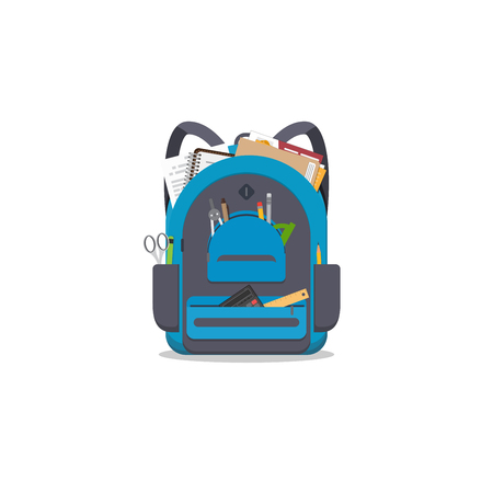 Blue colored school backpack with school accessoires. Backpack with pockets and zipper. Education and study back to school back pack. Pens and pencils, books and copybooks. Schoolbag or knapsack.のイラスト素材