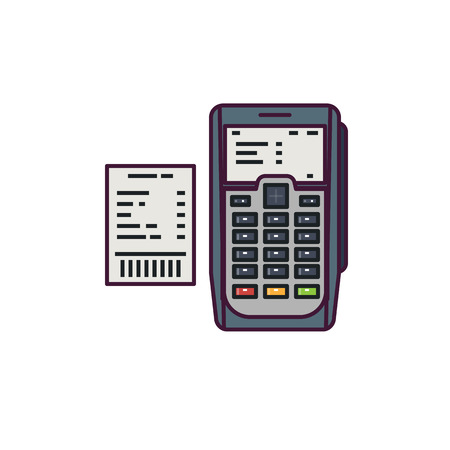 Pos or payment machine. Point of sale (POS) or point of purchase POP terminal. Line style vector illustration. Modern transaction banner. Purchase pixel perfect banner.のイラスト素材