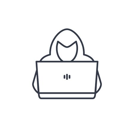 Line style vector illustration. Man with laptop in hoodie. line icon or emblem of hacker person with laptop stealing personal information from internet. のイラスト素材