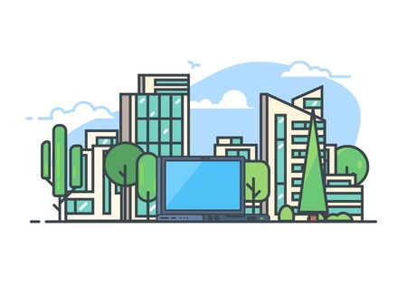 Modern city with new houses, big laptop, representing data and modern digital urban information. Buildings and nature park with trees. Smart and digital city concept. Modern line vector illustrationのイラスト素材