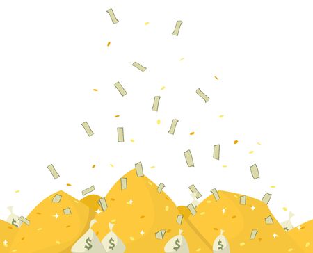 Pile of golden coins and banknotes. Bags with money. Money falling from sky on heaps of coins. Success and wealth concept. Bank or savings money. Jackpot or prosperity.のイラスト素材