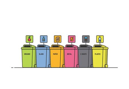Waste bins illustration. Waste containers for different disposal. Eco friendly sorting bins. Environment and ecology concept. Metal, organic and other recycled reuse trash. Pixel perfect.のイラスト素材