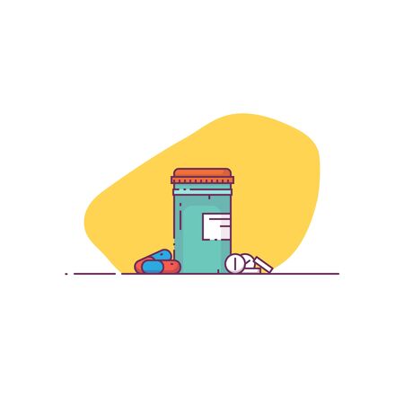Pills and tablets line style banner. Bottle with pills or vitamins. Pharmaceutical healthy concept. Medical treatment and drugs. Antibiotics or painkillers prescription.のイラスト素材