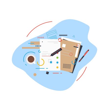 Creativity working process. Business papers, annual reports, data and files. Calculating taxes, revenue and making marks with marker. Abstract circles on background. Banner business concept.のイラスト素材