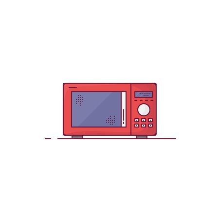 Microwave oven. Red modern microwave with knob wheel, buttons and glass door. Outline vector image. House kitchenware line style vector illustration. のイラスト素材