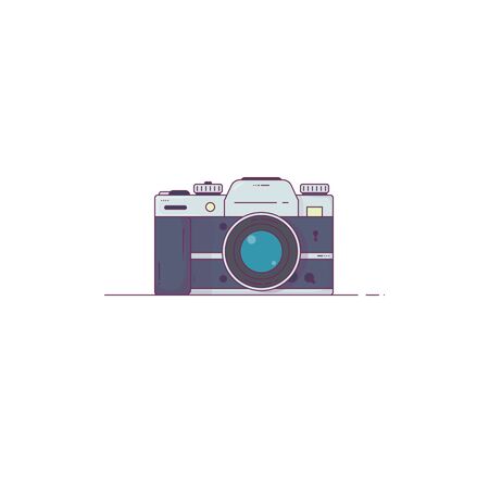 Professional photo camera with classic design. Analugue camera with buttons and lens. Black leather and silver metal body. Retro style 35mm film photocamera with mechanical parts.のイラスト素材