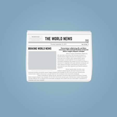 Newspaper template. Folded newspaper with blank picture for pasting and text. Date and headlines, with article text. Breaking world news newspaper. White paper and grey, black paint.のイラスト素材