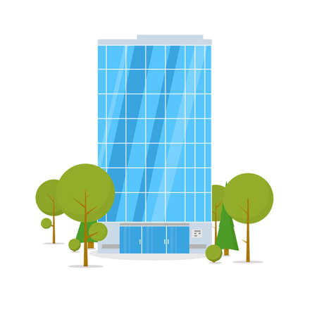 Business building in green recreation park zone. Downtown office with board, and big central entrance and green trees near building. Urban architecture concept. Flat style vector illustration.のイラスト素材