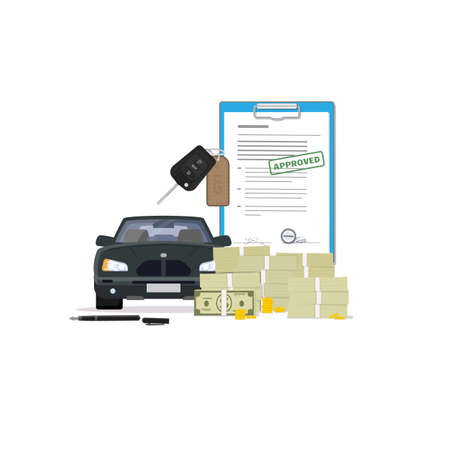 Car loan. Big pile of paper money, coins, agreement with sign and stamp, car modern keys. Black color modern new car to buy. Signing contract for new car.のイラスト素材