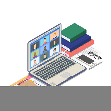 Online education or conference on computer web app. Isometric laptop with online room meeting. Online education and studying, virtual office and workplace.のイラスト素材
