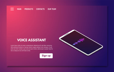Voice assistant on mobile phone app. Personal assistant and voice recognition concept. Soundwave recognition technologies. Pink and blue gradients. Landing page template vector.のイラスト素材