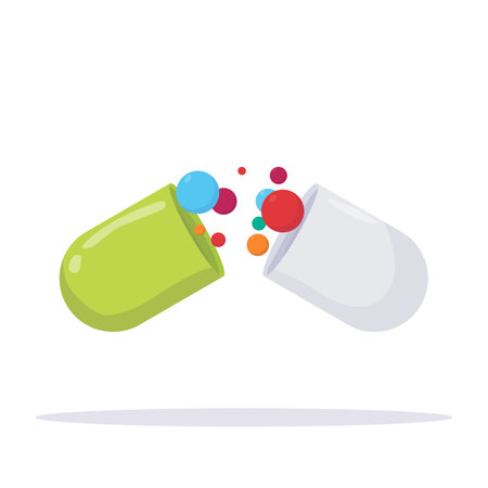 Green and white medical openen pill with bubbles inside. Capsule with open two sides and inner substances. Medication, dietary and health care vector illustration.のイラスト素材