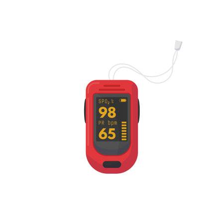 Red pulse oximeter with digits on screen. SPO2 and PR bpm data. Digital healthcare device for saturation and pulse measurement and check for oxygen in blood. Flat style modern vector illustration.のイラスト素材