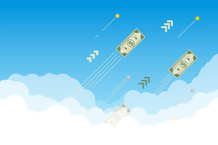 Financial banner with sky and clouds. Paper dollars and coins flying up through the clouds and going to the Moon. Investment progress, bull market and going up financial trend.のイラスト素材