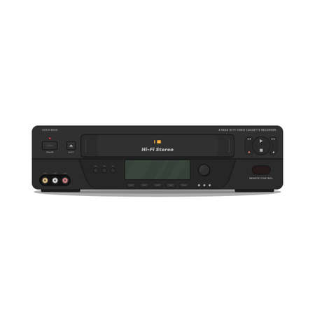 VCR with hi-fi video and high quality video. 90s videocassette player and recorder. Realistic vector video player image. VHS cassette black player.のイラスト素材