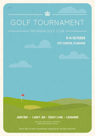 Retro style golf club invite. Blue sky and green golf field. Golfclub competition poster on textured paper. Championship or tournament text placeholder. Template for golf championship event.のイラスト素材