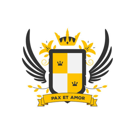 Classic coat of arms in modern vector two color style. Shield and wings with branches and leaf. Family insignia, heraldic elements and banner for motto. Emblem and ribbon with text.のイラスト素材