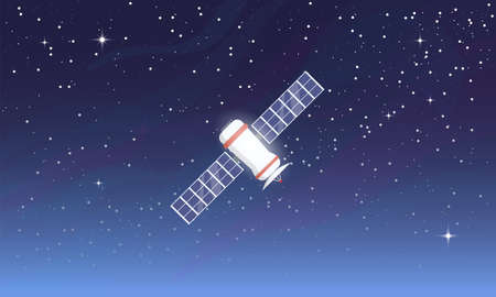 White satellite flying in space orbit around a planet. Space communication and data transfer concept. Solar panels and radio dish on satellite. Starry sky with galaxy and atmospheric dimm.のイラスト素材