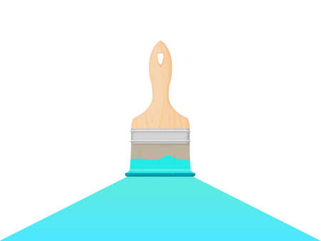 Brush painting azure color line on white screen. Paint brush for working with paints during repair or construction. Paintbrush painting across the screen from bottom to top.のイラスト素材