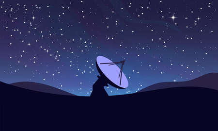 Big radio telescope on a hills, with night starry sky. Milky Way and nebula, stars and blue sky. Radio astronomy and interferometer antenna. Science space radar.のイラスト素材