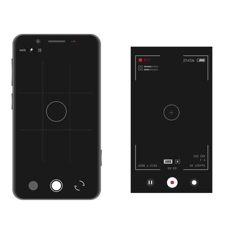 Smartphone vertical camera app on screen. Videocamera overlay on screen. Filming and video recording on phone concept. Photography on mobile phone. Two layouts for phone video and photo rec.のイラスト素材