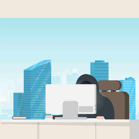 Hacker stealing data from desktop computer from office. Cyber thief protection concept. Cyber criminal figure in dark colors stealing from office with big window and skyscrapers.のイラスト素材