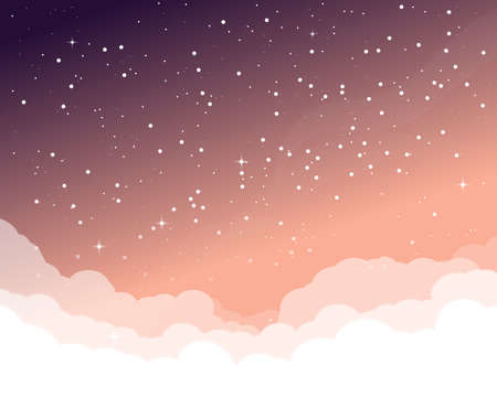 Starry sky with clouds. Rising sun colors high in the sky. Light night sky with shiny white stars and blue gradient sky. Realistic sky view at night high in the sky. Sunset or sunrise sky.のイラスト素材