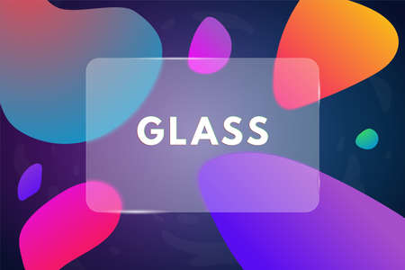 Transparent glass on dark blue background with colorful blobs. Glass morphism style vector image. Translucent glass or plastic card. Place for text. Banner for text on matte glass.のイラスト素材