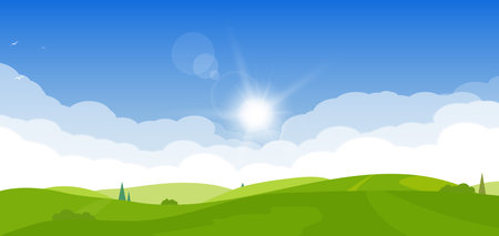 Rising sun above meadow. Trees and green grass on the hills. Sun with flare and blue sky background. Country background in cartoon style banner.のイラスト素材