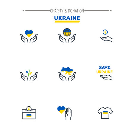 Charity donation line pixel perfect vector icon set. Save Ukraine icons with ukrainians national colors blue and yellow. Human hands holding heart, globe, volunteer  . Nonprofit and charity.のイラスト素材