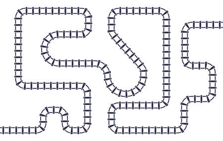 Curved railroad tracks isolated on white background. Transportation and railway concept. Wavy transportation train road. Travel or infographic template with railroad.のイラスト素材