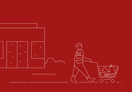 Person with shopping cart carrying purchased from supermarket in cart. Mall or shop and woman with cart carrying on. Red background with white line vector illustration.のイラスト素材