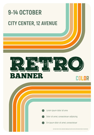 Retro banner with color stripes and text. Template for vintage banner from 70s and 80s for commercial or event. Flyer or placard with retro color ribbons template for decoration.のイラスト素材