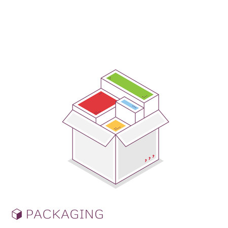 Package isometric line style concept. Box with smaller items inside. Color boxes in one cardboard with lines and dots. Shipping and creating, developing compact modular packages and elements.のイラスト素材