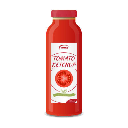 Realistic bottle of tomato ketchup mockup. Product template. Label and glass bottle. Illustration of glass of natural red tomato ketchup and tomato image. Vector illustration.のイラスト素材