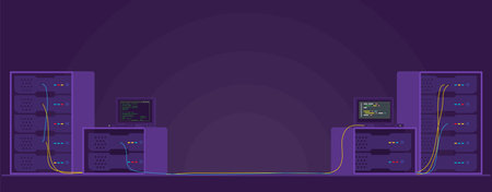 Datacenter with server rack and laptops. Wide horizontal banner for technology advertise, cloud business and network device. Storage and VPN connection technology vector illustration.のイラスト素材
